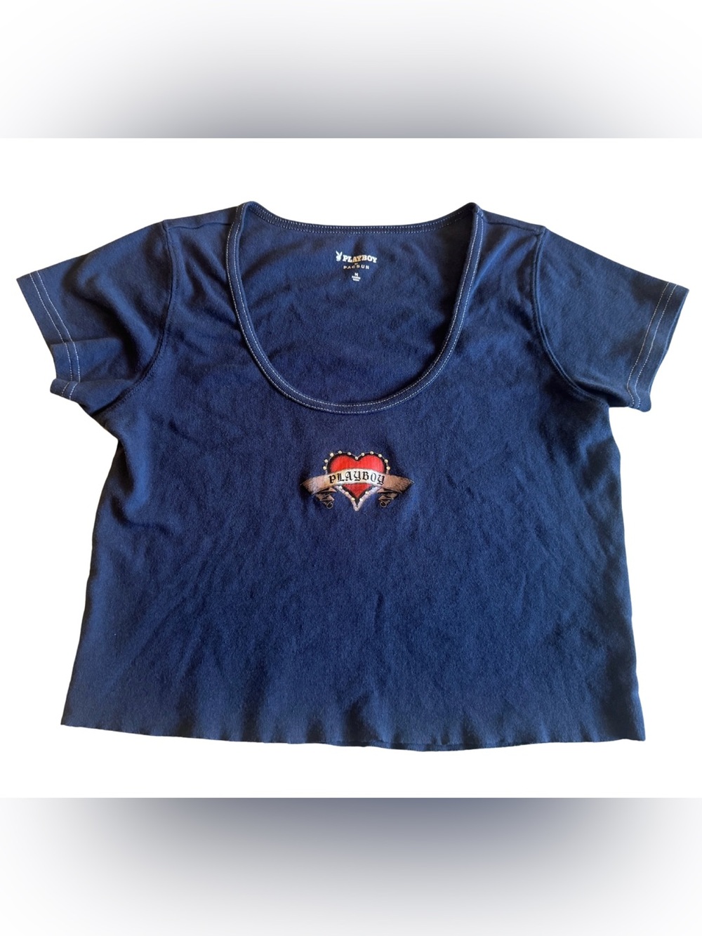 Playboy x PacSun Navy Graphic Crop Top Rhinestone Heart Raw Hem Women's Medium